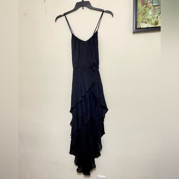 GUESS Chiffon Maxi Dress Ruffled high-low hem Asymmetrical Black size XS - Picture 13 of 17